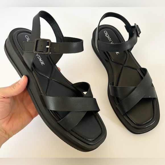 Crown Vintage Sz 10 Cleona Black Leather Square Toe Strappy Sandals - Picture 1 of 10